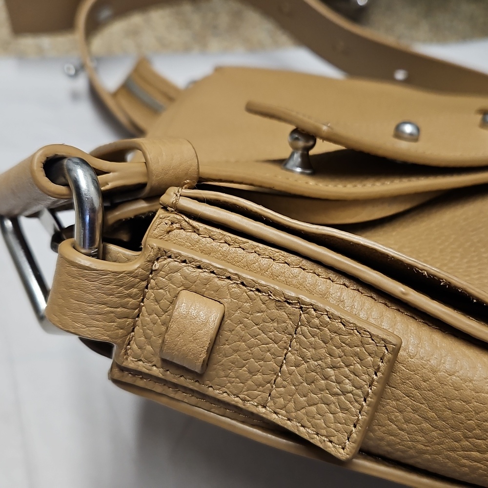 All Saints Round Tan Pebbled Leather Crossbody Bag Silver Hardware - Picture 4 of 14
